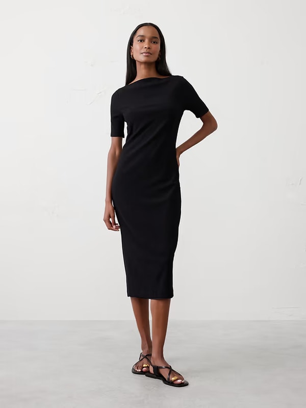 Nwt Banana Republic Black Crinkle Knit Boat Neck Midi Dress Women's Size Small